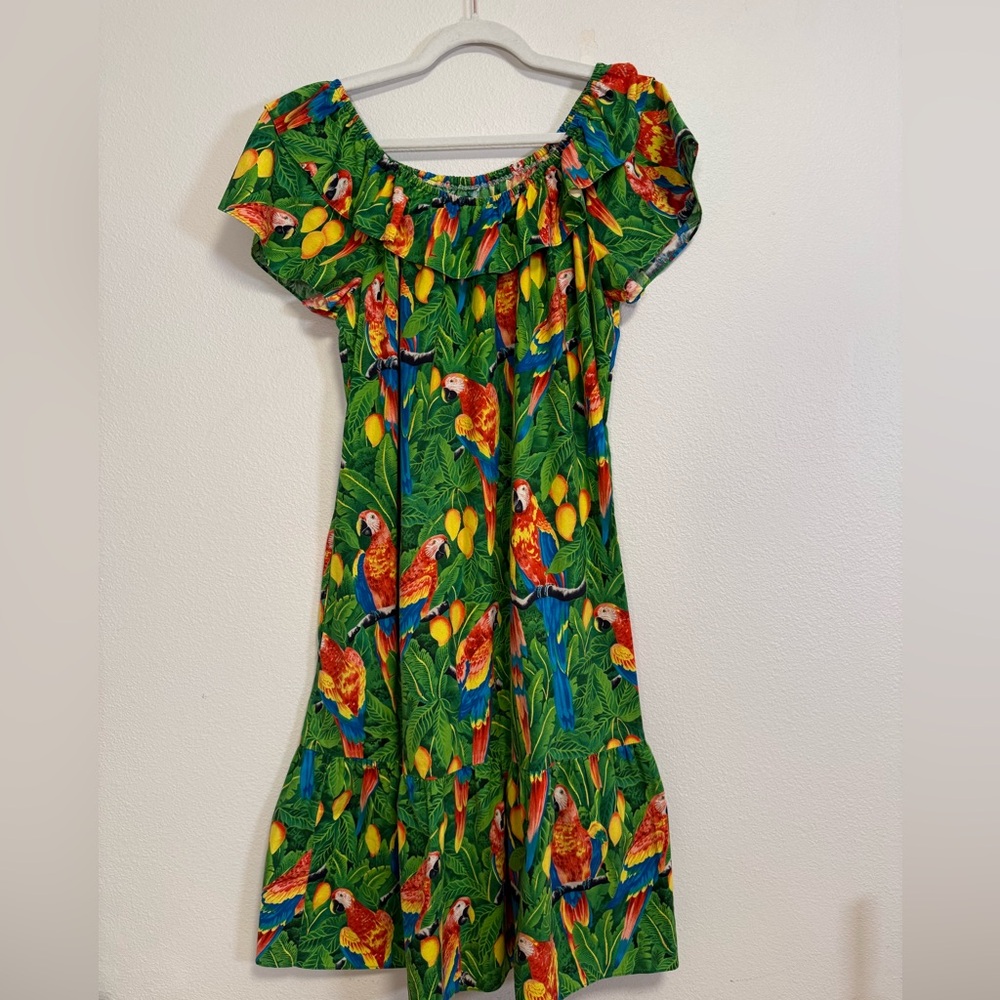 vintage Hilo Hattie Hawaiian tropical‎ parrot print midi dress Women’s Sz L